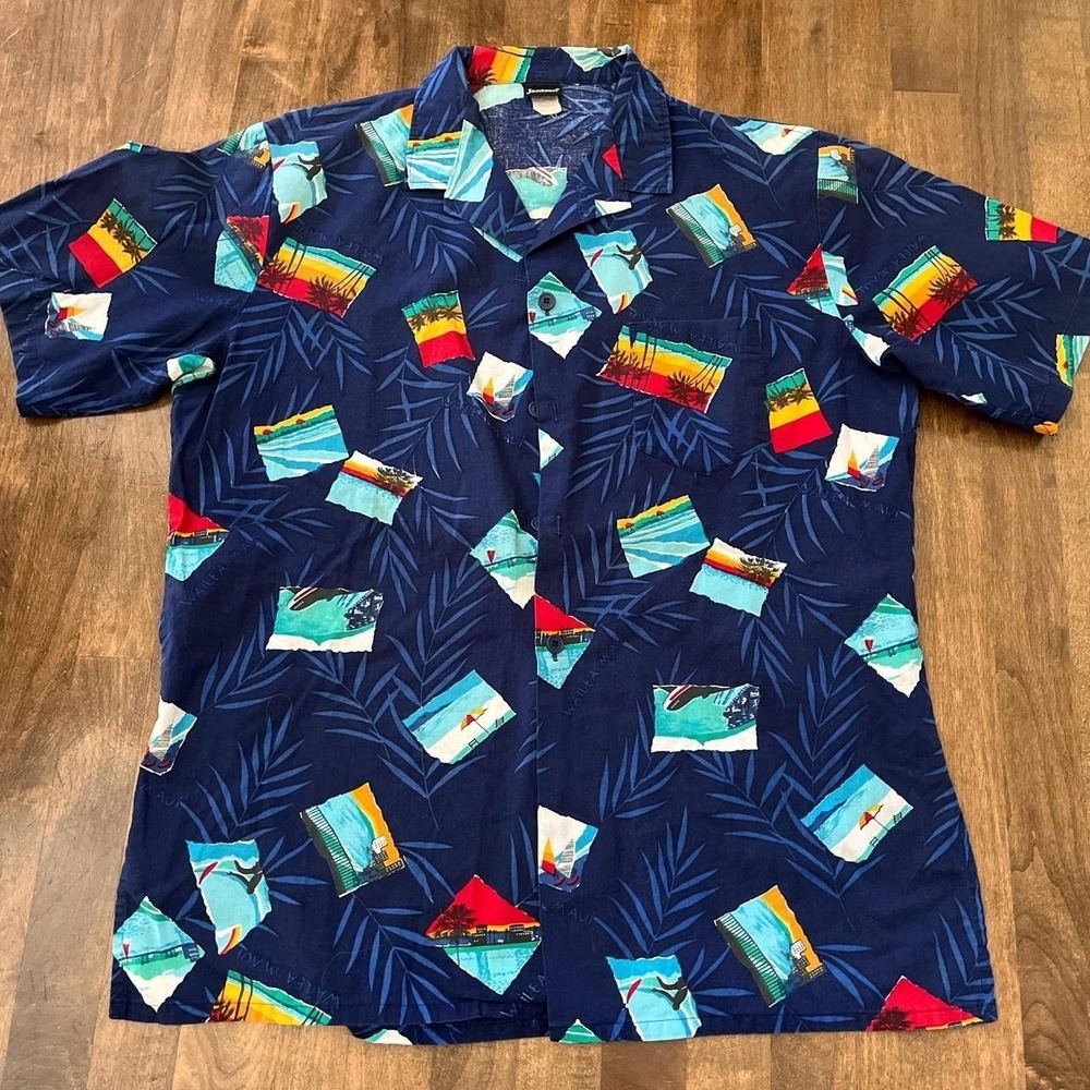 Vintage Jantzen coastal 80s navy Y2K Hawaiian button up shirt tall Lg